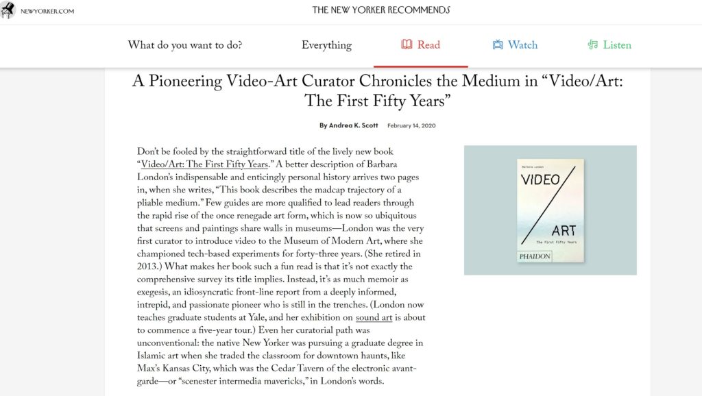 A Pioneering Video-Art Curator Chronicles the Medium in “Video/Art: The First Fifty Years” By Andrea K. Scott