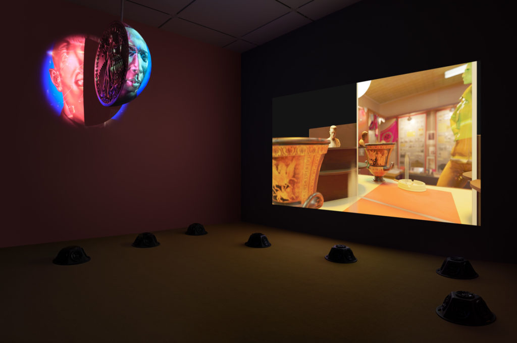 Utopia Trilogy #3: Houses of Tomorrow (feat. Michael Schiefel). 2019. Two channel-video with eight-channel sound, with acrylic on CNC-milled sculptor’s foam, motor, steel, ink and watercolor on paper, 3d-printed artist frame Photo: Courtesy the artist