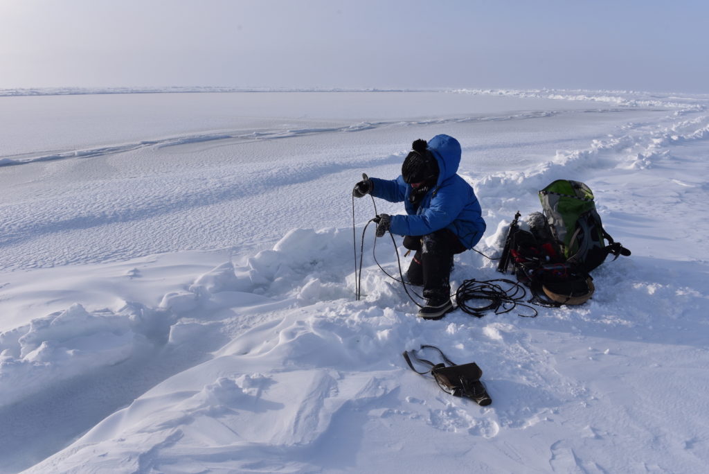 Jana Winderen hydrophone recording fifteen meters under the sea ice by the North Pole, 2015. Photo: Foundation Mamont.