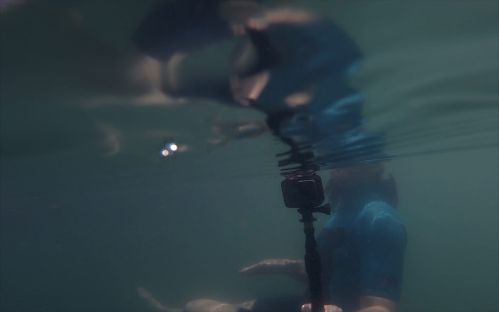 Jana Winderen filming underwater as part of the project Rising Tide, 2019. Photo: Palin Ansusinha.