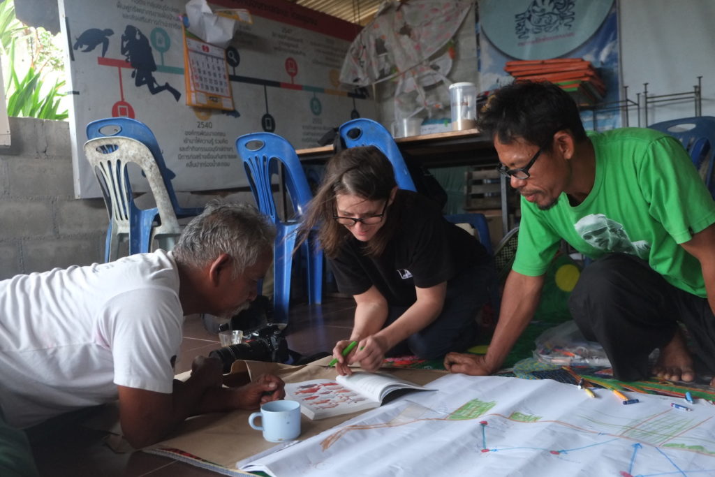 Bao Yamanyah, Jana Winderen, and Rungrueng Ramanyah mapping the recordings and identifying the different species of fish, Chana, Thailand, 2019. Photo: Palin Ansusinha.