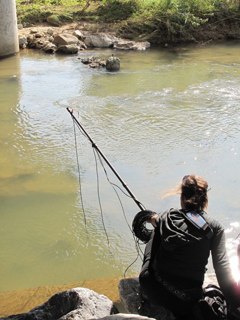 Jana Winderen hydrophone recording in the river Orne for a three-year project begun in 2014