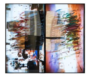 gesture/data (feedback). 2015. Acrylic paint, epoxy, 2-way acrylic mirrors on flatscreen televisions, feedback .mp4 files (color, sound). 48.8 x 42.3 inches Image courtesy the artist and Reena Spaulings Fine Art, NY; Pilar Corrias, London; Take Ninagawa, Tokyo.